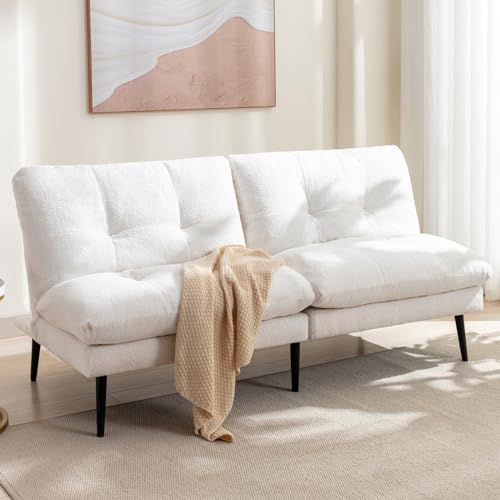 Beige Convertible Futon Sofa Bed with Adjustable Backrest