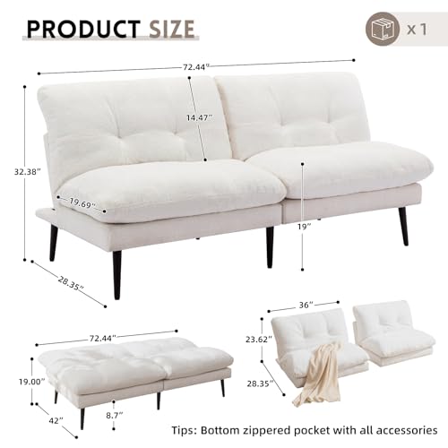 Beige Convertible Futon Sofa Bed with Adjustable Backrest