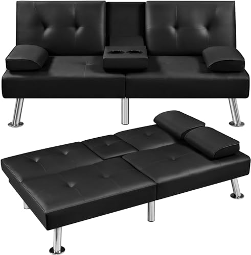 Convertible Futon Sofa Bed with Cupholders - Black