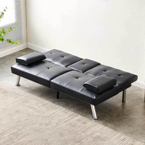 Convertible Futon Sofa Bed with Cupholders - Black