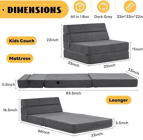 Foldable Kids Couch and Mattress in Dark Gray