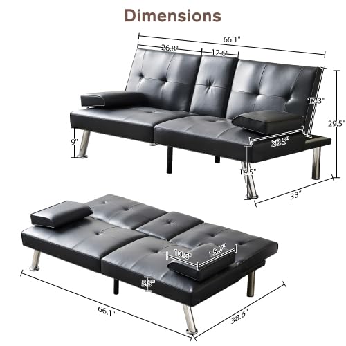 Convertible Futon Sofa Bed with Cupholders - Black