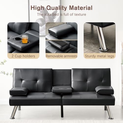 Convertible Futon Sofa Bed with Cupholders - Black