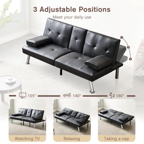 Convertible Futon Sofa Bed with Cupholders - Black