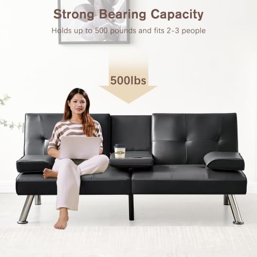 Convertible Futon Sofa Bed with Cupholders - Black