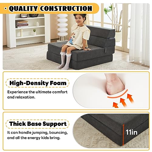 Foldable Kids Couch and Mattress in Dark Gray