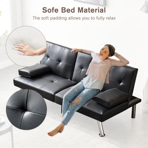 Convertible Futon Sofa Bed with Cupholders - Black