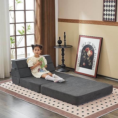 Foldable Kids Couch and Mattress in Dark Gray