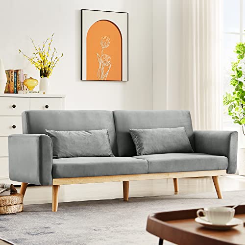 Grey Velvet Futon Sofa Bed with 2 Pillows