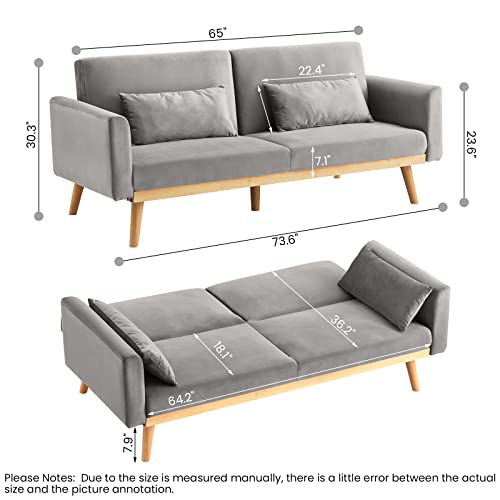 Grey Velvet Futon Sofa Bed with 2 Pillows