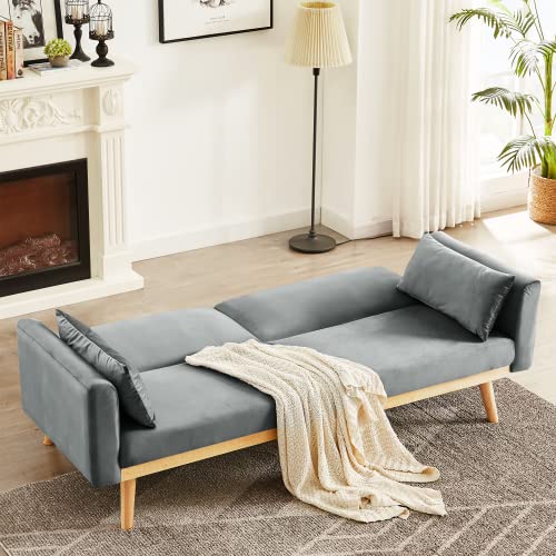 Grey Velvet Futon Sofa Bed with 2 Pillows