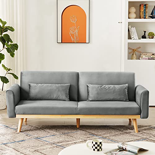 Grey Velvet Futon Sofa Bed with 2 Pillows