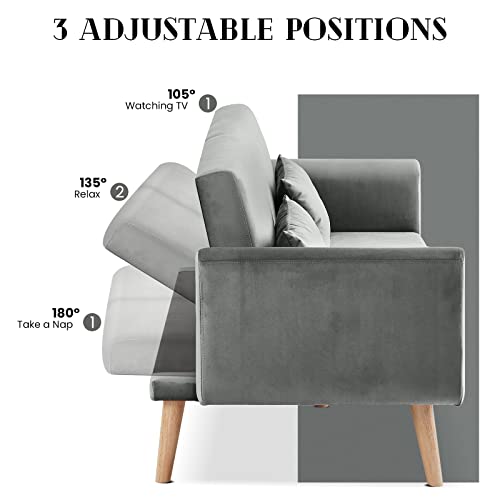 Grey Velvet Futon Sofa Bed with 2 Pillows