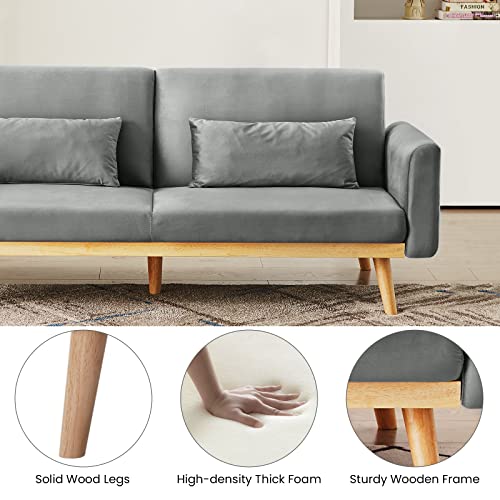 Grey Velvet Futon Sofa Bed with 2 Pillows