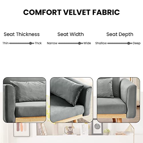 Grey Velvet Futon Sofa Bed with 2 Pillows