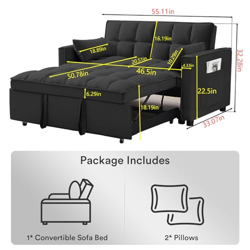 Convertible Velvet Sleeper Sofa Bed with Pillows