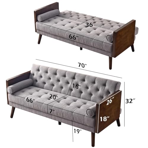 EBELLO 70" Tufted Futon Sleeper Sofa, Gray Chenille