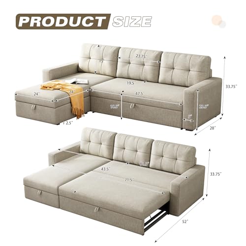 Beige L-Shape Sleeper Sofa with Storage Chaise