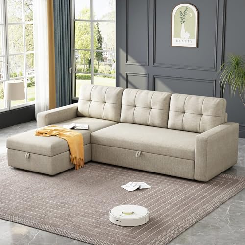 Beige L-Shape Sleeper Sofa with Storage Chaise