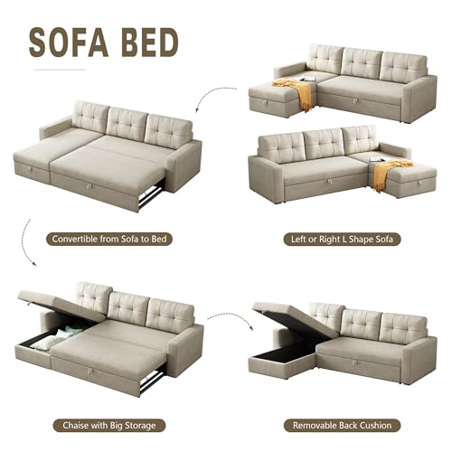 Beige L-Shape Sleeper Sofa with Storage Chaise