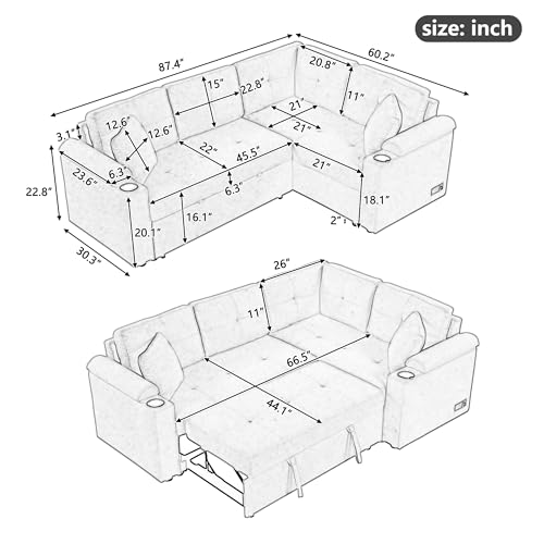 P PURLOVE Modern Grey Sectional Sleeper Sofa with USB