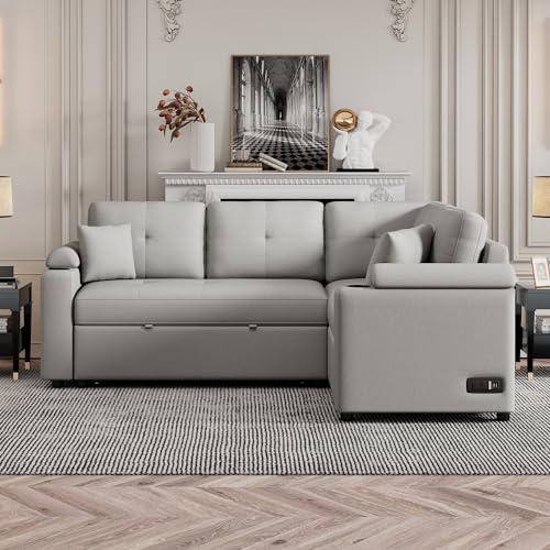 P PURLOVE Modern Grey Sectional Sleeper Sofa with USB