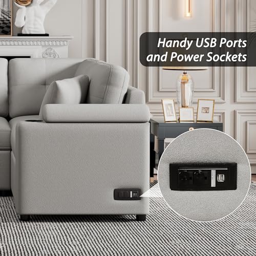 P PURLOVE Modern Grey Sectional Sleeper Sofa with USB