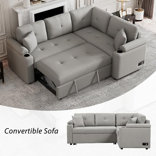 P PURLOVE Modern Grey Sectional Sleeper Sofa with USB