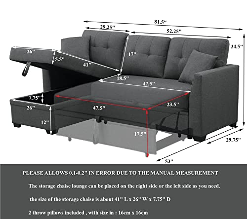 Dark Grey Sleeper Sectional Couch with Storage