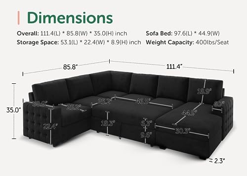 HONBAY Velvet U-Shaped Sleeper Sofa with Storage