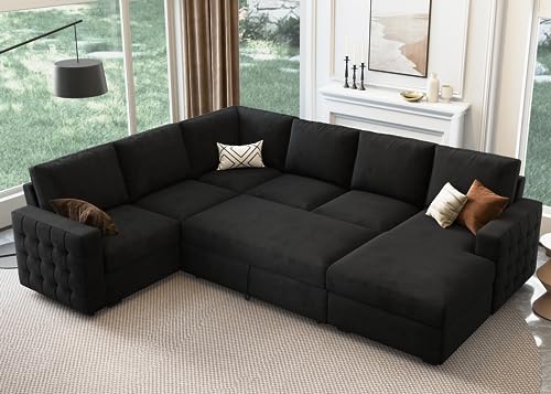 HONBAY Velvet U-Shaped Sleeper Sofa with Storage