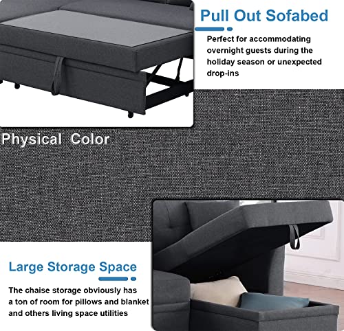 Dark Grey Sleeper Sectional Couch with Storage