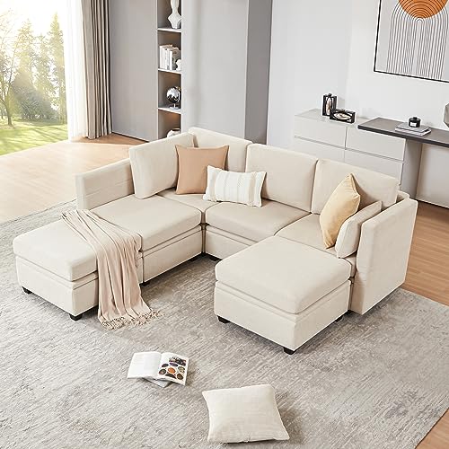 Beige Modular U-Shaped Sectional Sofa with Storage