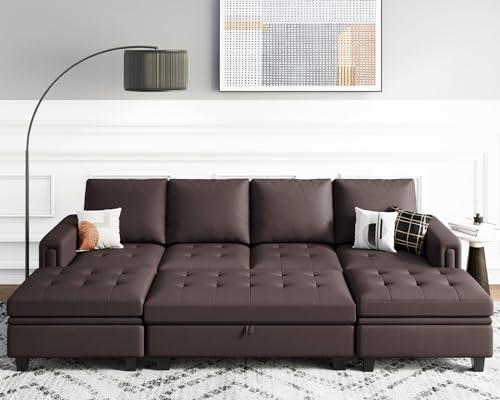 Belffin Brown Faux Leather Convertible Sectional Sofa