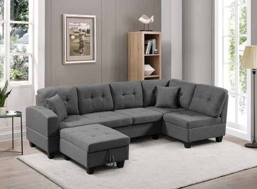 Modern Reversible Sleeper Sectional Sofa with Ottomans