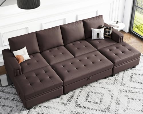 Belffin Brown Faux Leather Convertible Sectional Sofa