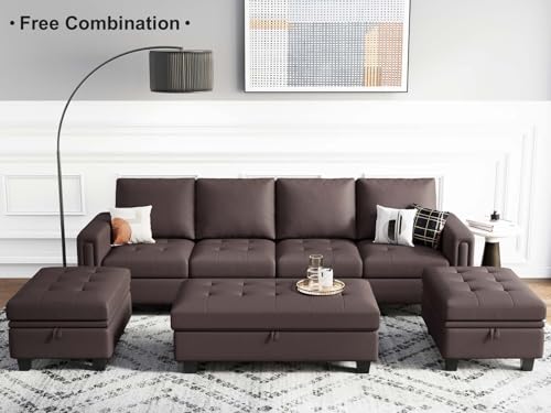 Belffin Brown Faux Leather Convertible Sectional Sofa