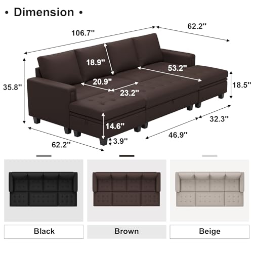 Belffin Brown Faux Leather Convertible Sectional Sofa