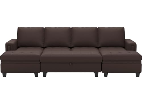 Belffin Brown Faux Leather Convertible Sectional Sofa