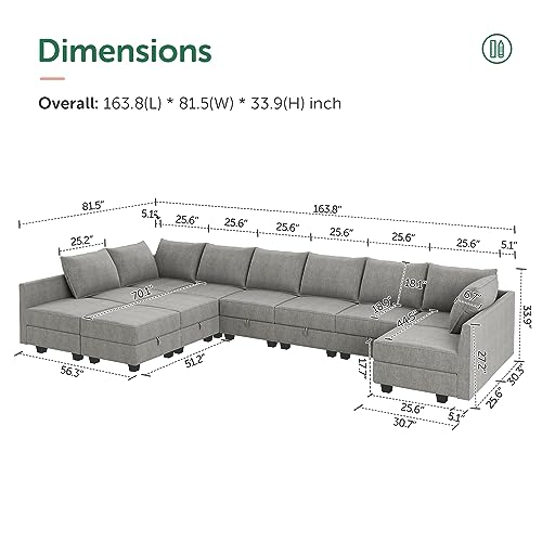HONBAY Grey U-Shaped Modular Sectional Sofa