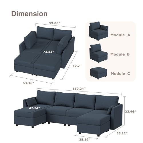 Dark Gray U-Shaped Modular Sofa with Chaise Lounge