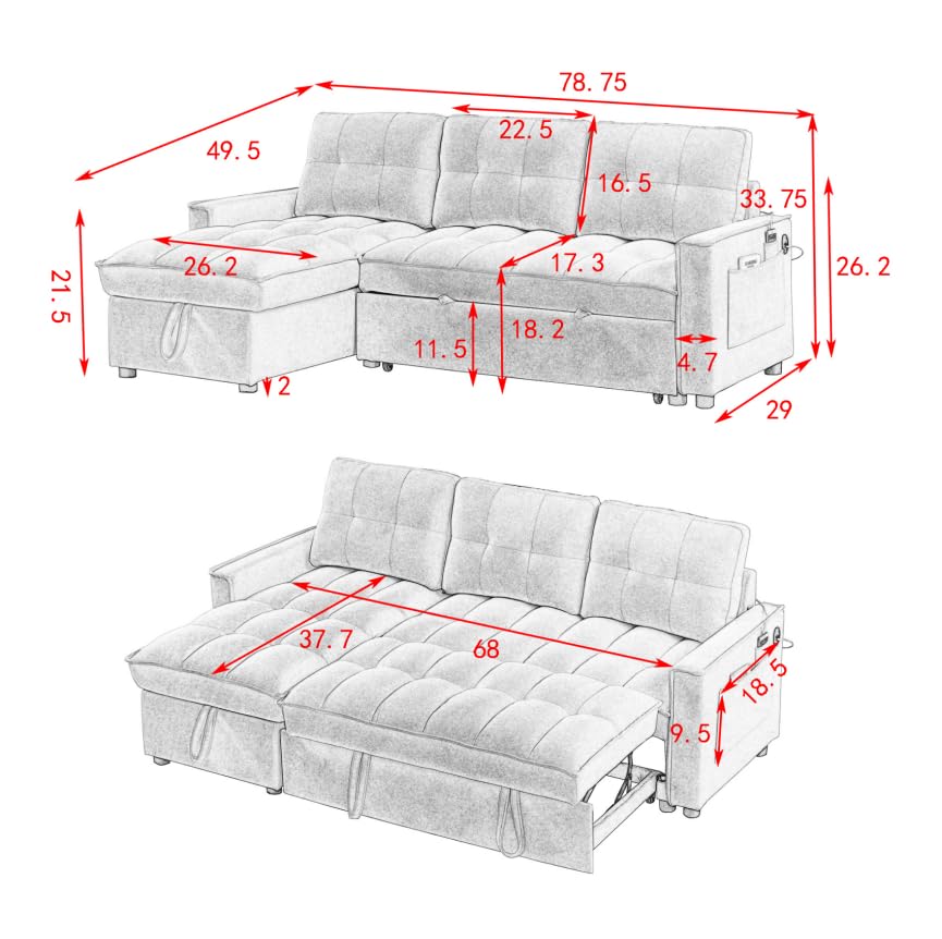 78.75" L-Shaped Sleeper Sectional Sofa with Storage