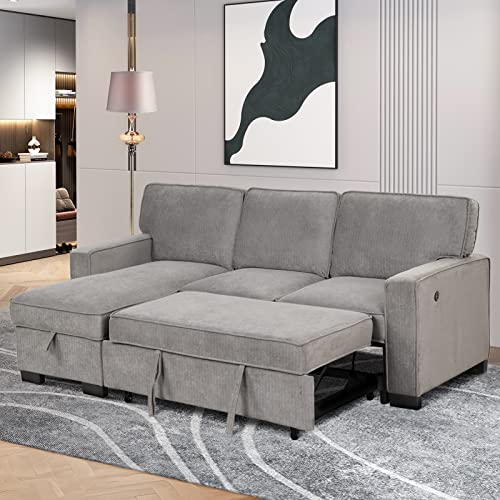 Gray L-Shaped Convertible Sectional Sofa Bed