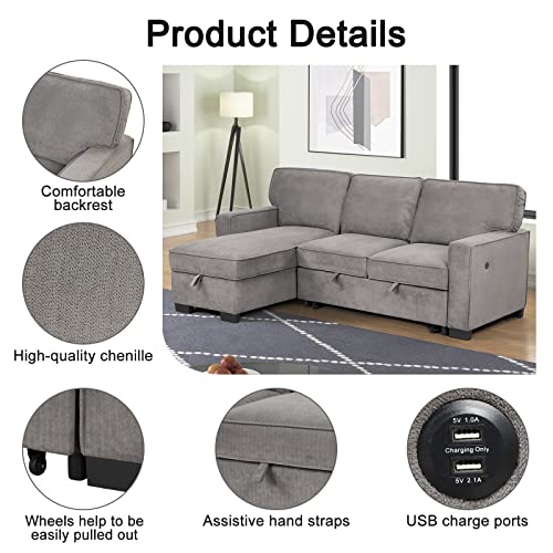 Gray L-Shaped Convertible Sectional Sofa Bed