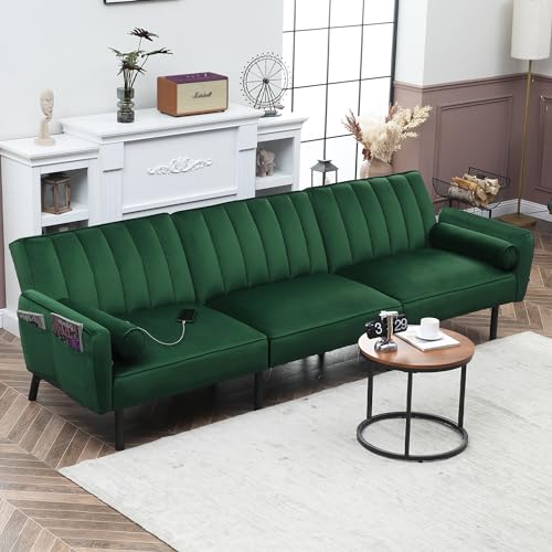 Cozy Green Sectional Sofa Bed with USB Charger