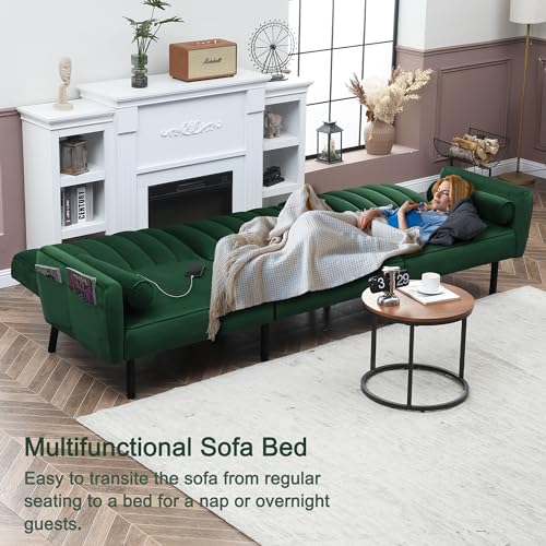 Cozy Green Sectional Sofa Bed with USB Charger