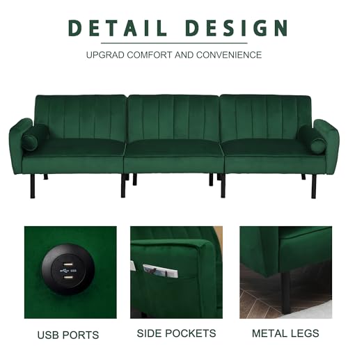 Cozy Green Sectional Sofa Bed with USB Charger