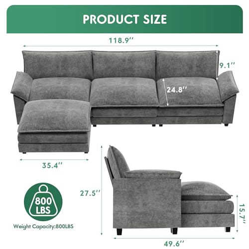 L-Shaped Chenille Modular Sofa with Ottoman - Grey