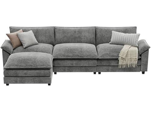 L-Shaped Chenille Modular Sofa with Ottoman - Grey
