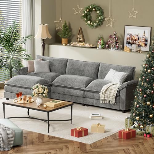 L-Shaped Chenille Modular Sofa with Ottoman - Grey